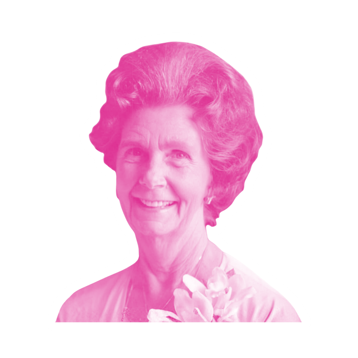 A pink and white duotoned photo of an elderly white woman with short hair.